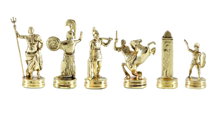 Шахматы Троянская война, Черно-белая доска Manopoulos MP-S-4-36-BLA, фотография золотых фигур