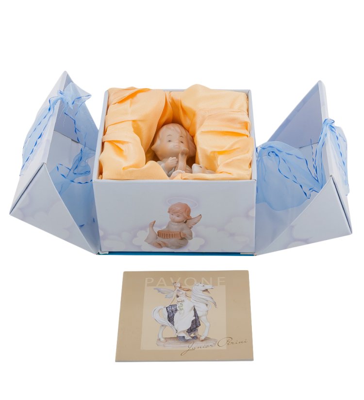 Статуэтка из фарфора Ангелочек с Арфой и зайчиком Pavone JP-14/ 2, фотография в упаковке