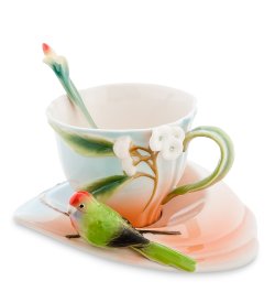 Чайная пара из фарфора с ложечкой Попугай Розелла
