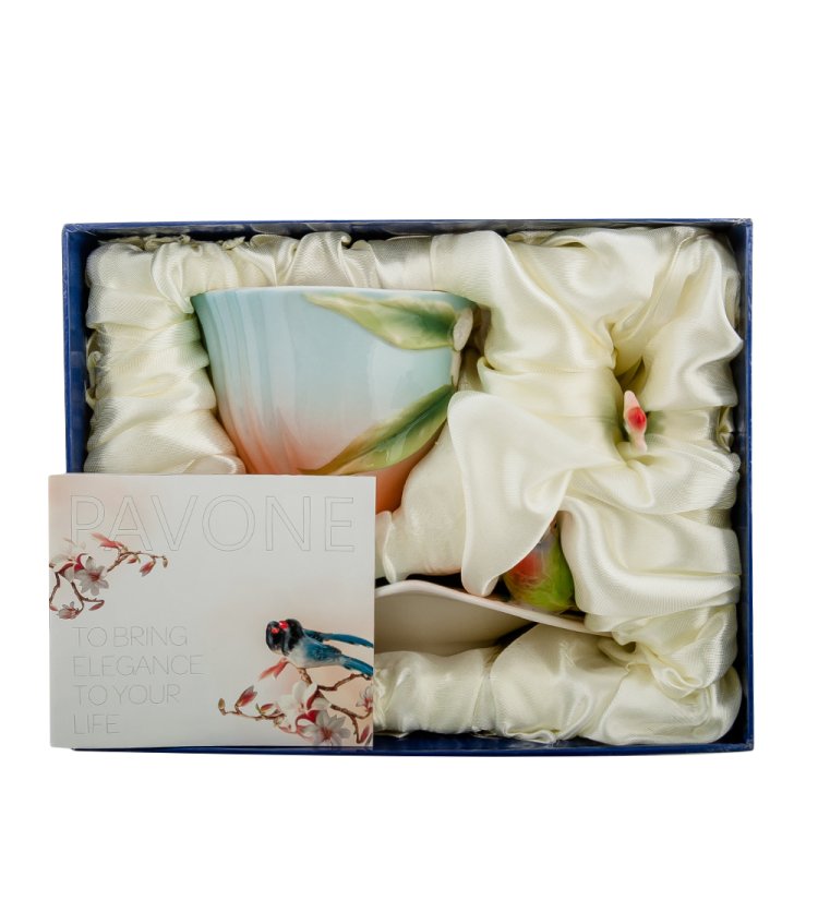 Чайная пара из фарфора с ложечкой Попугай Розелла Pavone FM-79/ 2, фотография в упаковке