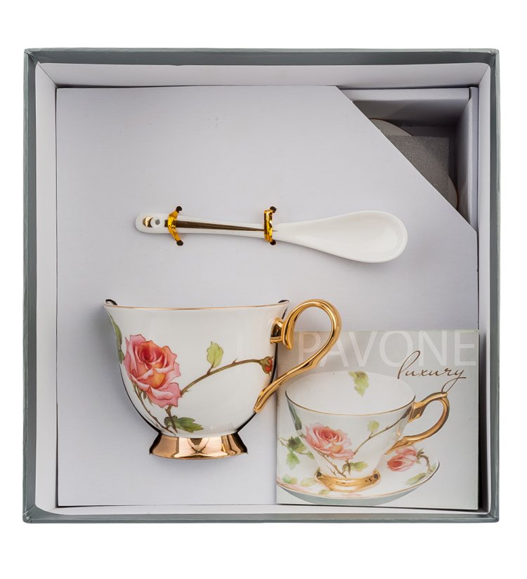 Чайная пара из фарфора Итальянская Роза Pavone JK- 40, фотография в упаковке