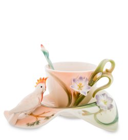 Чайная пара из фарфора с ложечкой Попугай Какаду