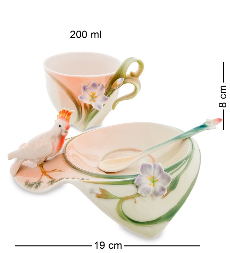 Чайная пара из фарфора с ложечкой Попугай Какаду Pavone FM-79/ 4, фотография сбоку