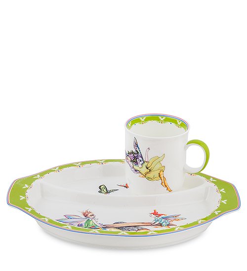 Детский набор посуды на 1 персону из фарфора Эльфы с бабочками Pavone JK-168, сборный вид
