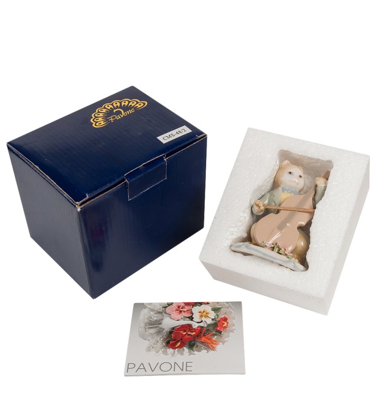Статуэтка из фарфора Кот с виолончелью Pavone CMS-48/ 2, фотография в упаковке