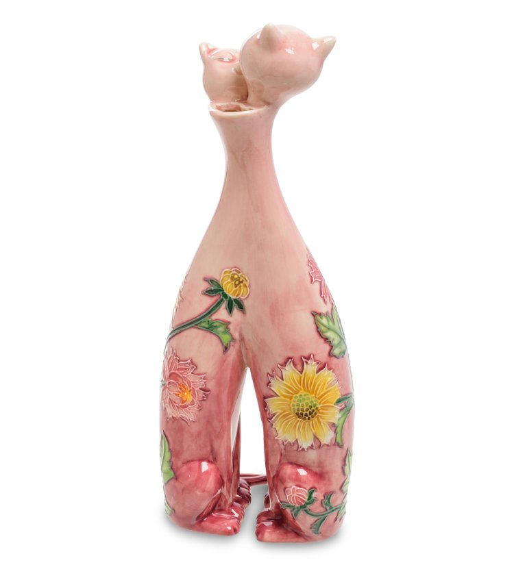 Розовая Ваза из фарфора Парочка кошек с желтыми цветами Pavone JP-147/ 6, фотография с обратной стороны