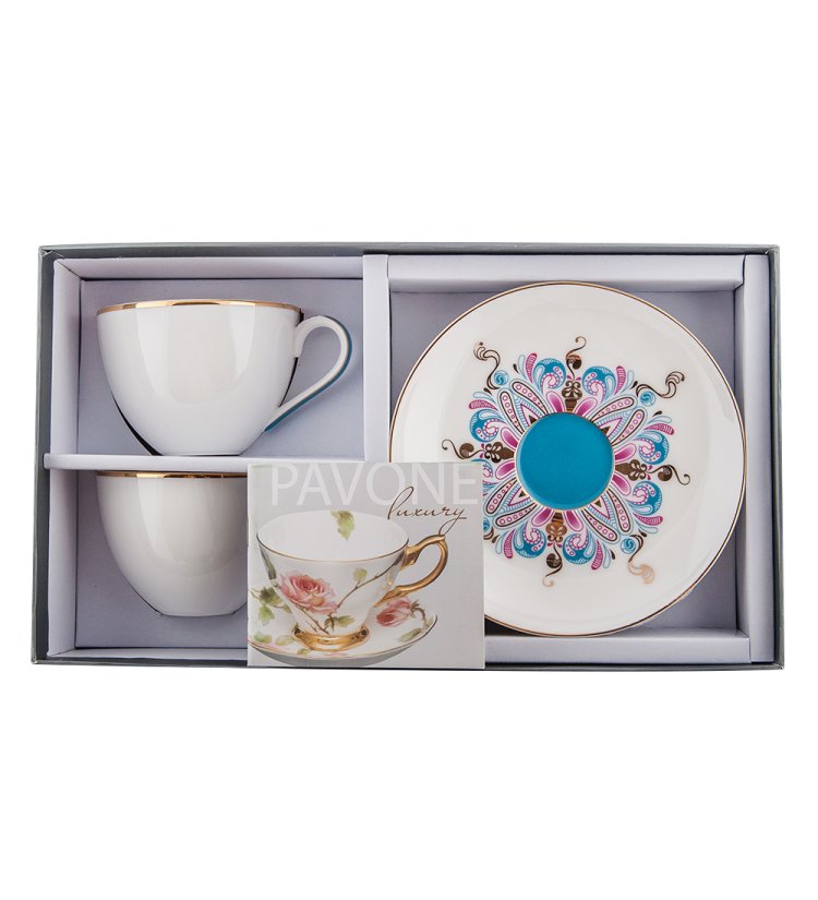 Чайный набор на 2 персоны из фарфора Песня Мотылька Pavone JK- 95, фотография в упаковке