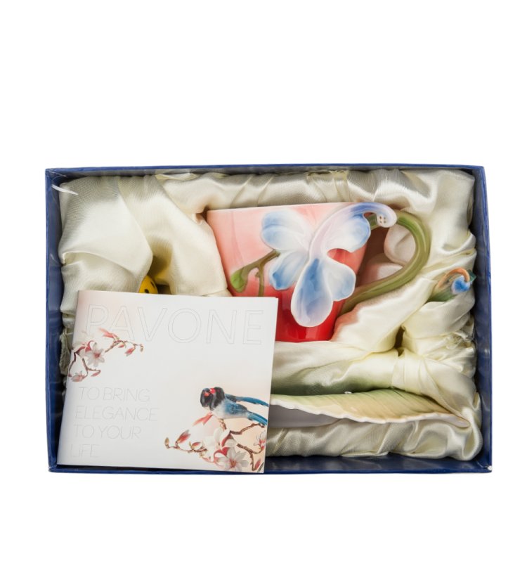 Чайная пара из фарфора с ложечкой Иволга и Орхидея Pavone FM-81/ 2, фотография в упаковке