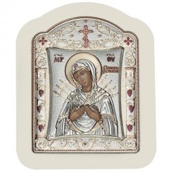 Икона Божией Матери Семистрельная в белой рамке, Размер 14x18 см