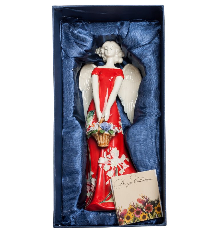 Статуэтка из фарфора Девушка ангел в красном платье с корзиной цветов Pavone JP-12/ 10, фотография в упаковке