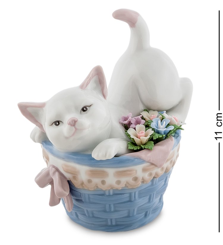 Статуэтка из фарфора Белый Котенок в корзине с цветами Pavone CMS-31/27