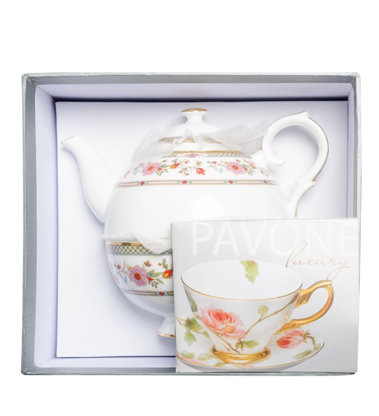 Чайная пара с чайником из фарфора Милано-Мариттима Pavone JK-212, фотография в упаковке