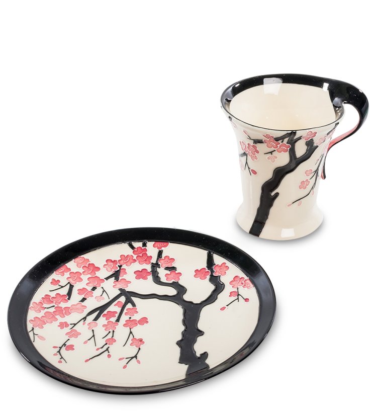 Чайная пара из фарфора Зимняя сакура Pavone JP-468/ 3, фотография блюдца и чашки