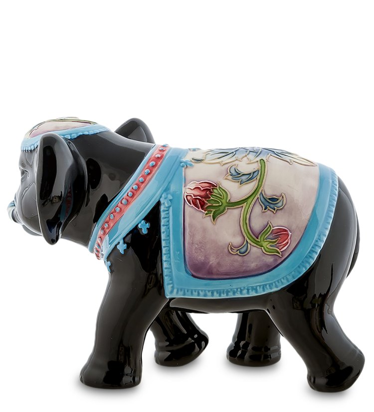 Статуэтка из фарфора Черный Слон с голубой накидкой Pavone JP-98/ 31, фотография сбоку