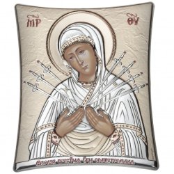 Икона Божией Матери Семистрельная с белой рамкой на ножке, Размер 16x20 см