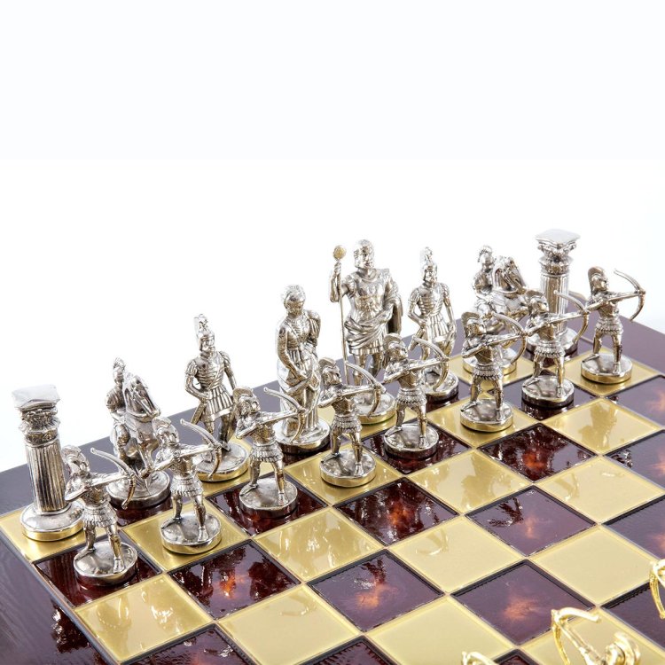 Шахматы Античные войны, Красная доска, большие Manopoulos MP-S-10-44-RED, фотография серебряных фигур