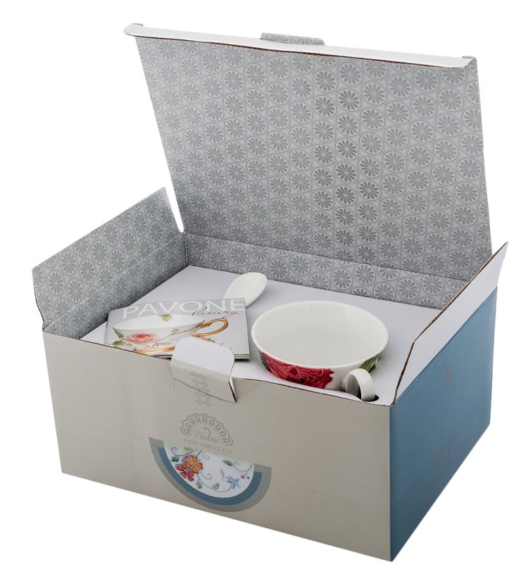 Чайная пара из фарфора Роза Рафаэлло, ручная роспись Pavone JS-11, фотография в упаковке