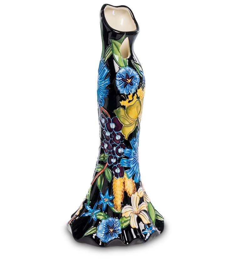 Черная ваза в форме платья с синими цветами Pavone JP-670/ 8, фотография с обратной стороны