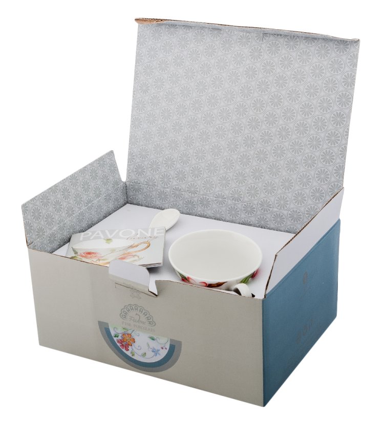 Чайная пара из фарфора Райская птица, ручная роспись Pavone JS-29, фотография в коробке