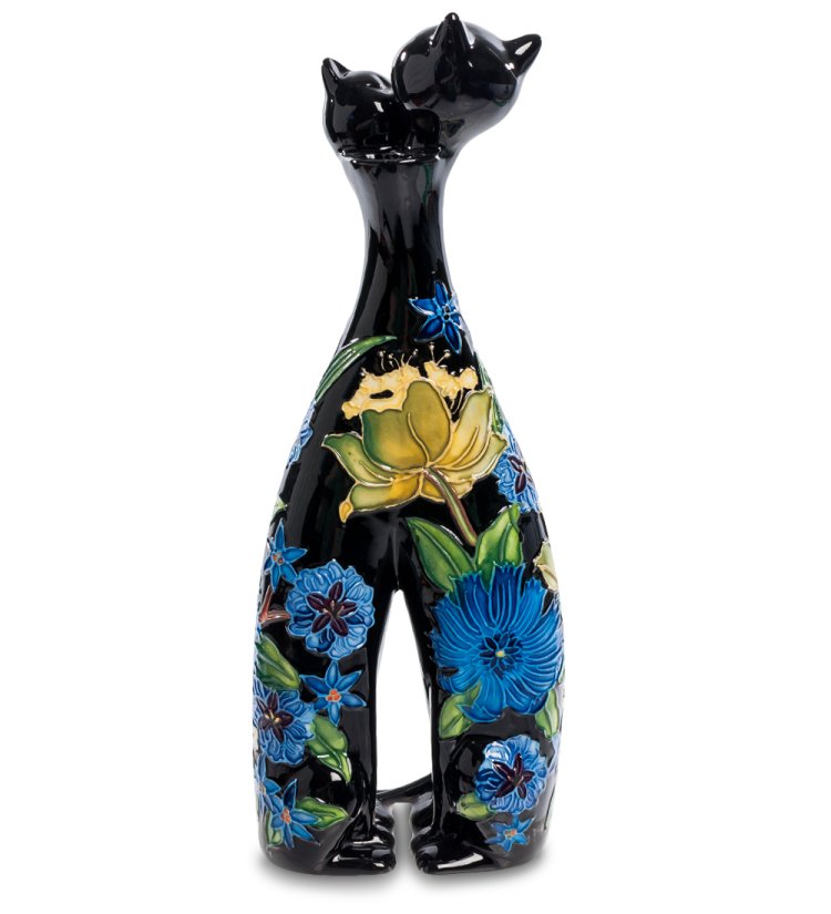 Черная Ваза из фарфора Парочка кошек с синими цветами Pavone JP-670/11, фотография сбоку