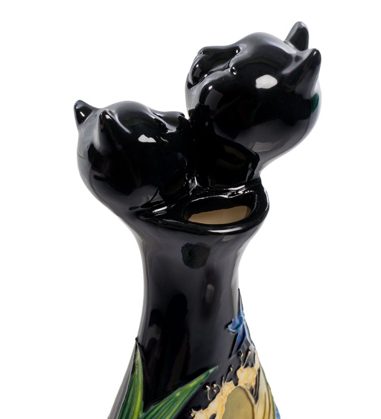 Черная Ваза из фарфора Парочка кошек с синими цветами Pavone JP-670/11, фотография крупным планом