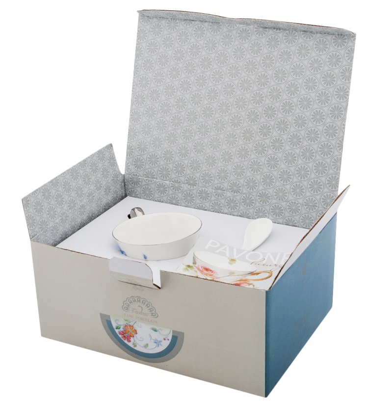 Чайная пара из фарфора Голубая бабочка, ручная роспись Pavone JS-35, фотография в упаковке