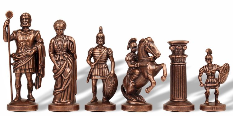 Шахматы Исторические Греко-Римский период, красная доска Manopoulos MP-S-3-C-28-RED, фотография бронзовых фигур