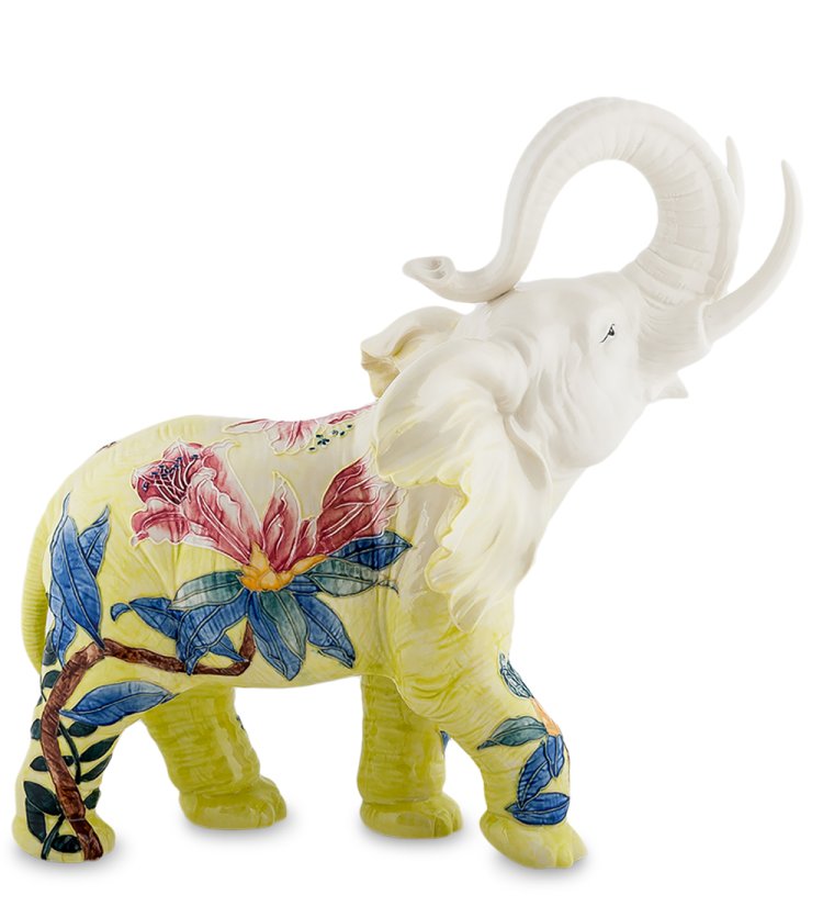 Статуэтка из фарфора Желтый Слон с поднятым хоботом Pavone JP-96/ 1, фотография сбоку