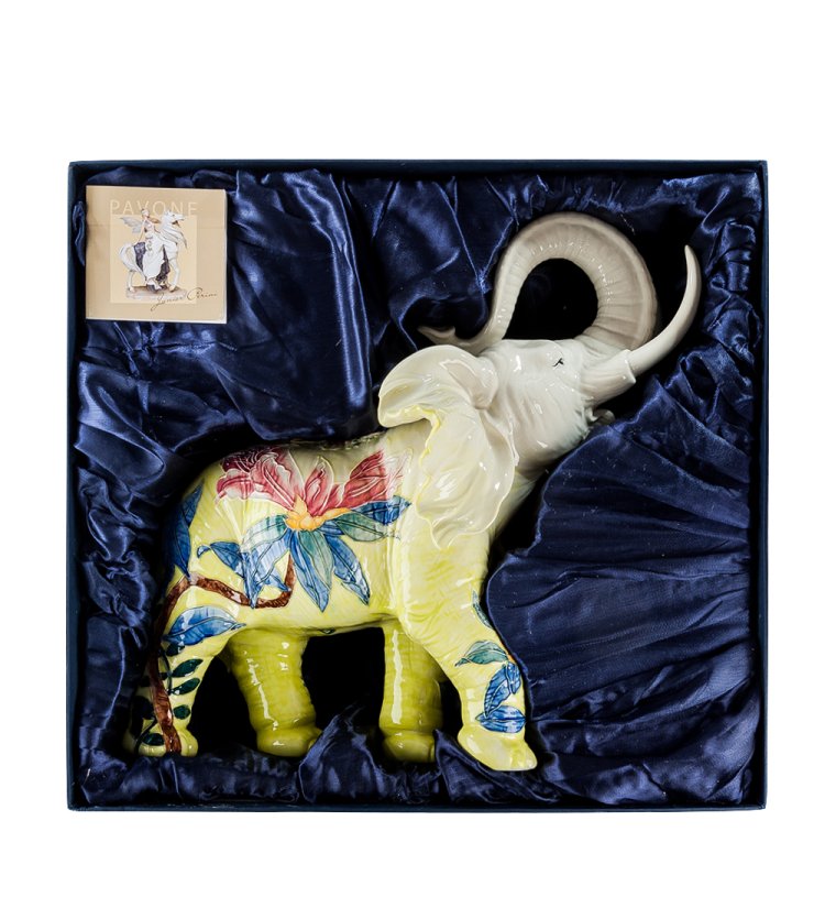 Статуэтка из фарфора Желтый Слон с поднятым хоботом Pavone JP-96/ 1, фотография в упаковке
