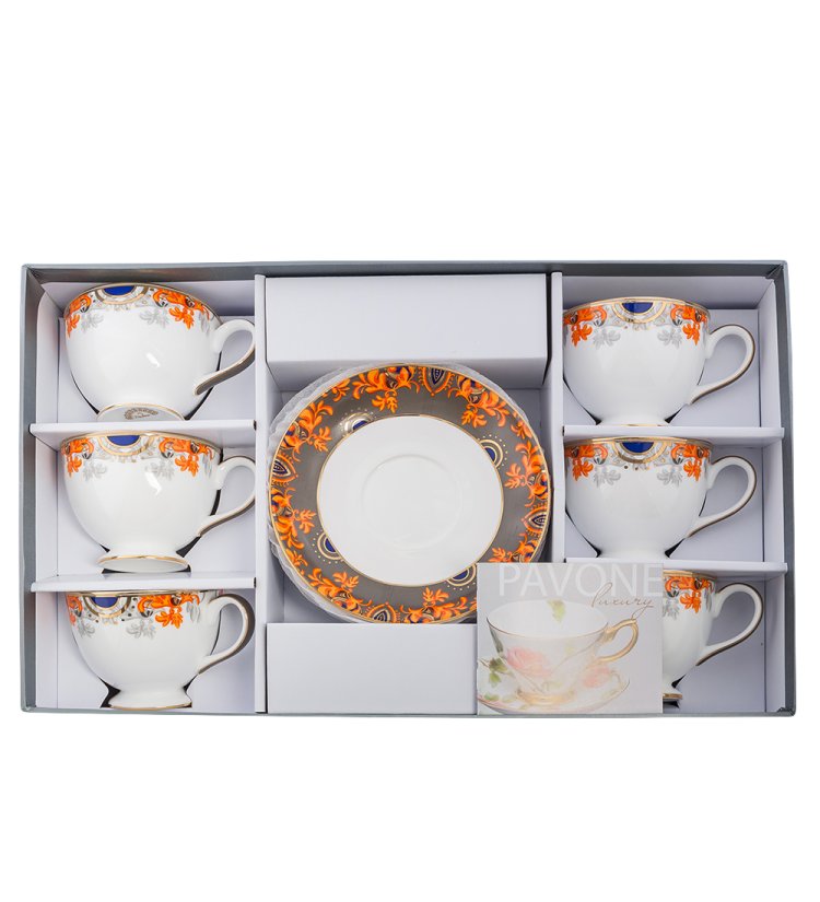 Чайный набор на 6 персон из фарфора Риомаджоре Pavone JK-223, фотография в упаковке