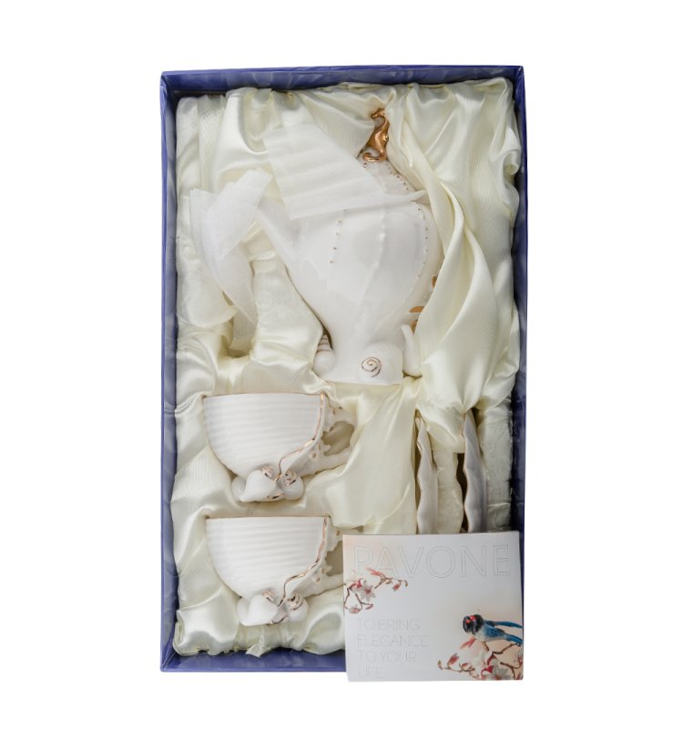 Чайный набор на 2 персоны с чайником Морская ракушка Pavone FM-34/17, фотография в упаковке