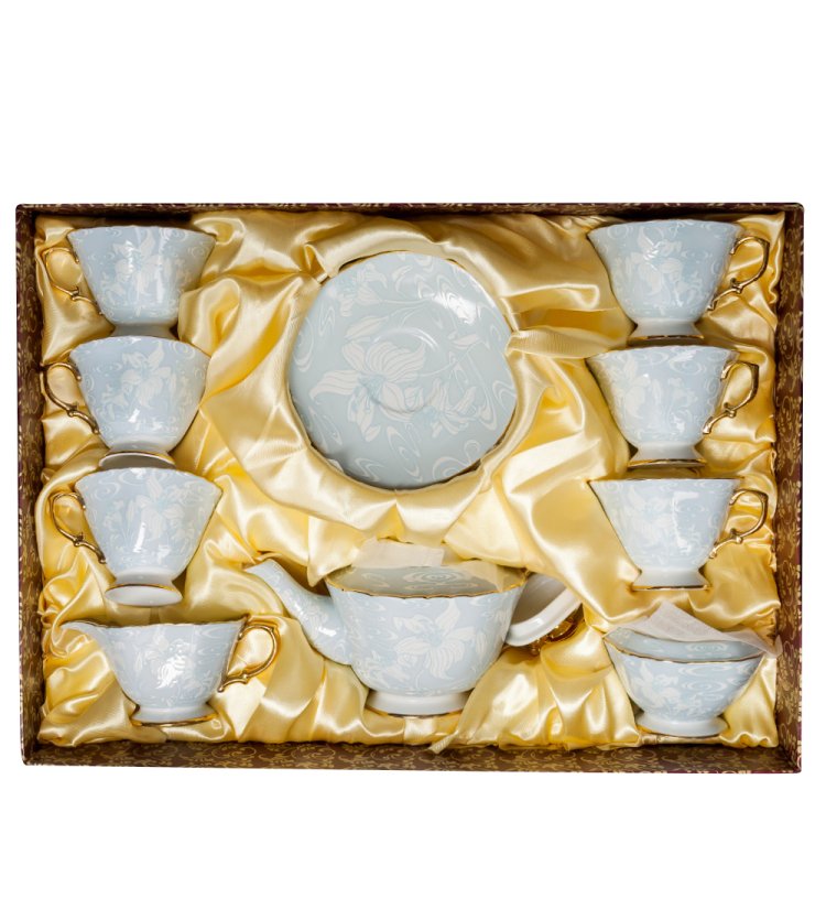 Чайный набор из фарфора на 6 персон Фиоре Дорато, голубой Pavone AS-42, фотография в упаковке