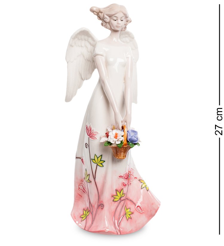 Статуэтка из фарфора Девушка Ангел в бело-розовом платье с корзиной цветов Pavone JP-764/ 7