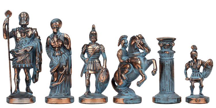 Большие Шахматы Греко-Римский период, Синяя доска Manopoulos MP-S-11-B-44-BLU, фотография фигур цвета Патина