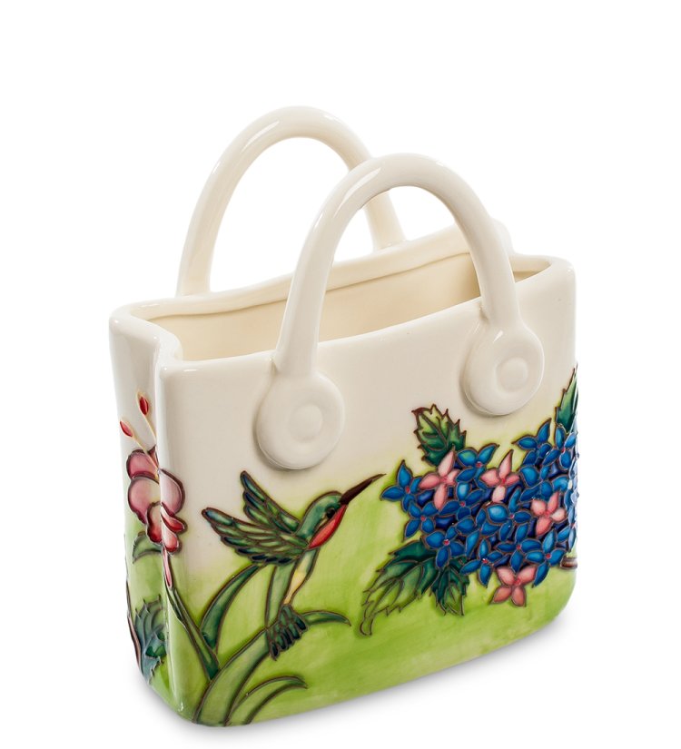 Фарфоровая Ваза-кашпо в виде Сумочки с цветами Pavone JP-800/28, фотография сбоку