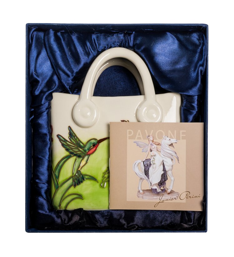 Фарфоровая Ваза-кашпо в виде Сумочки с цветами Pavone JP-800/28, фотография в упаковке