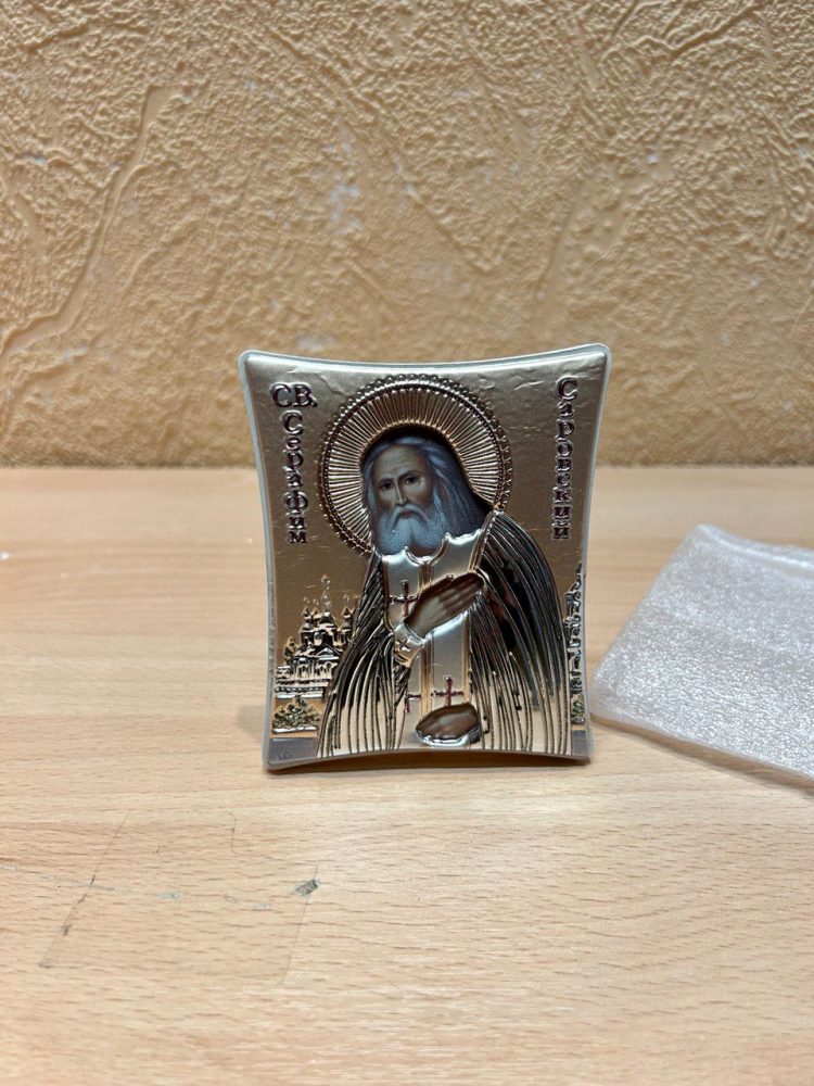 Икона Серафим Саровский в белой рамке на ножке, Размер 8x9 см Slevory 124TW2FWB, фото со склада