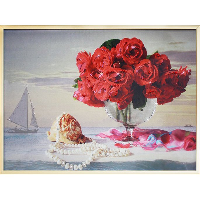 Картина Натюрморт с красными розами c кристаллами Swarovski