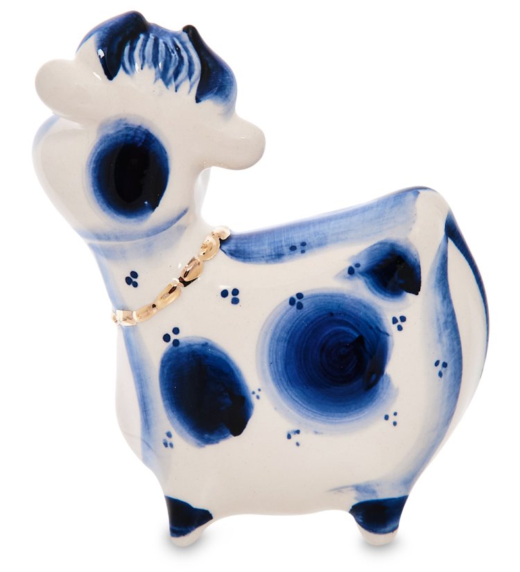 Статуэтка Корова с колокольчиком Золотая гжель символ 2021 года ГЛ-656, фотография со спины