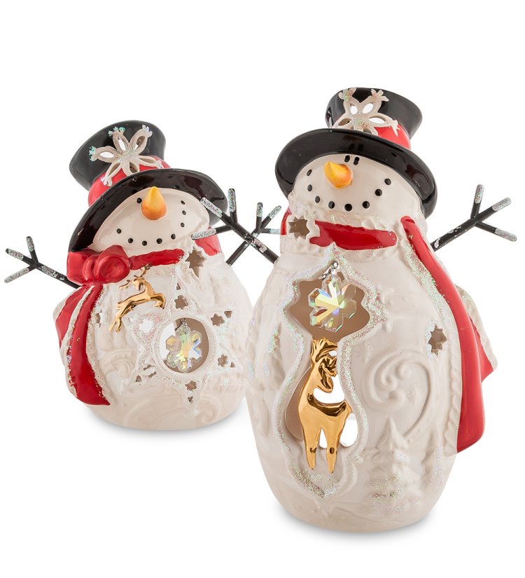 Подсвечники из фарфора Снеговики с шарфом Pavone BS-538, вид профиль