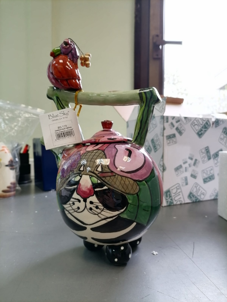 Заварочный чайник  Кот Кланси и птичка, фото со склада оборотная сторона