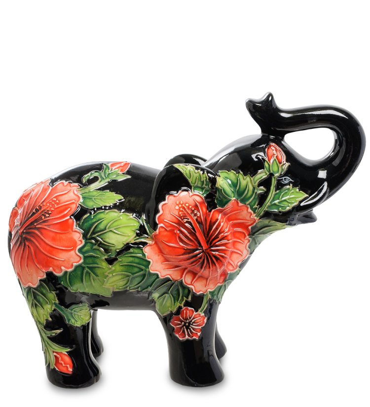 Статуэтка из фарфора Черный Слоник с цветами Pavone JP-156/ 2, фотография сбоку