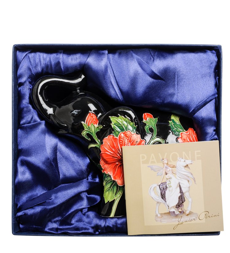 Статуэтка из фарфора Черный Слоник с цветами Pavone JP-156/ 2, фотография в упаковке