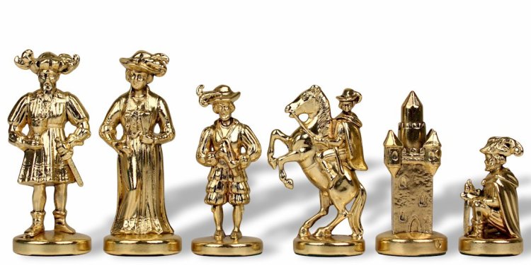 Шахматы Рыцари Средневековья, Синяя доска Manopoulos MP-S-12-44-BLU, фотография золотых фигур