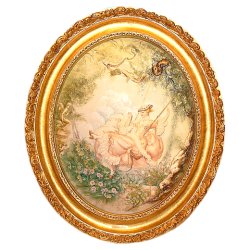 Барельеф из фарфора На качелях (овальная, рамка золотая)