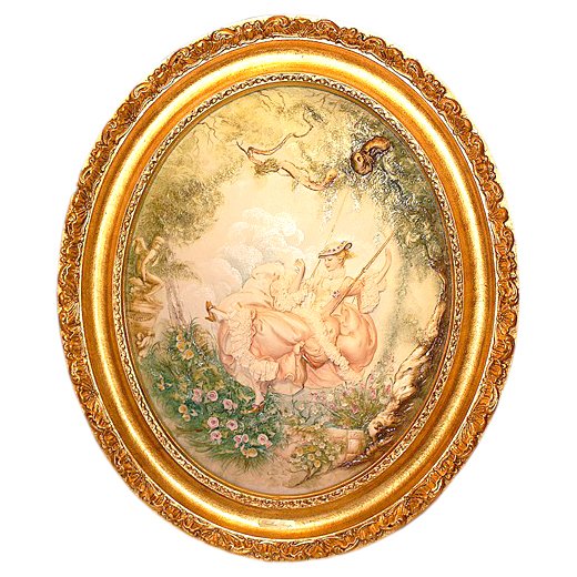 Барельеф из фарфора На качелях (овальная, рамка золотая)