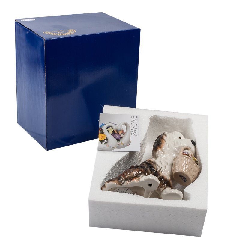 Музыкальная статуэтка из керамики Собачка с цветами Pavone CMS-15/54, фотография в коробке