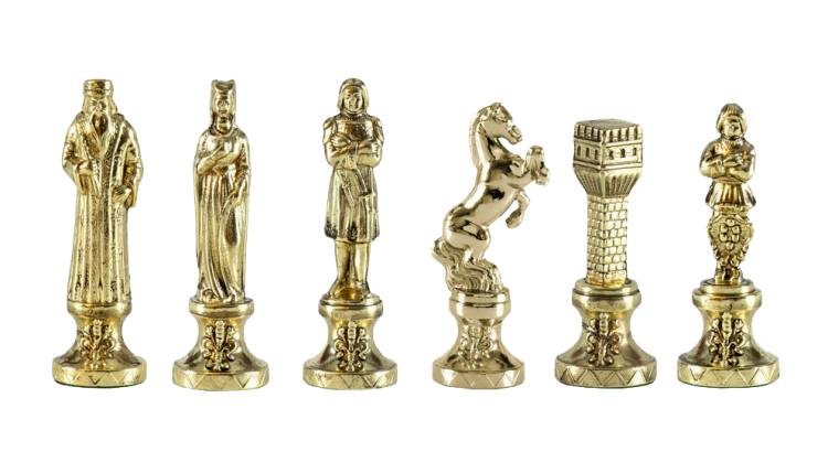 Шахматы Ренессанс, красная доска, фигуры золотые-бронзовые Manopoulos MP-S-9-C-36-BRO, фотография золотых фигур