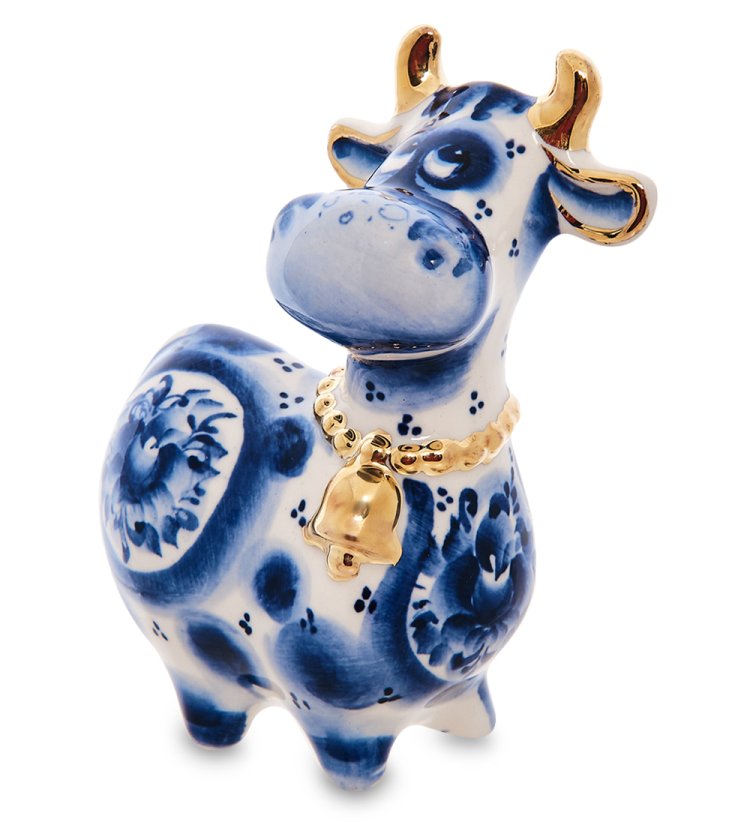 Фигурка Корова с колокольчиком Золотая гжель символ 2021 года ГЛ-653, фотография сбоку