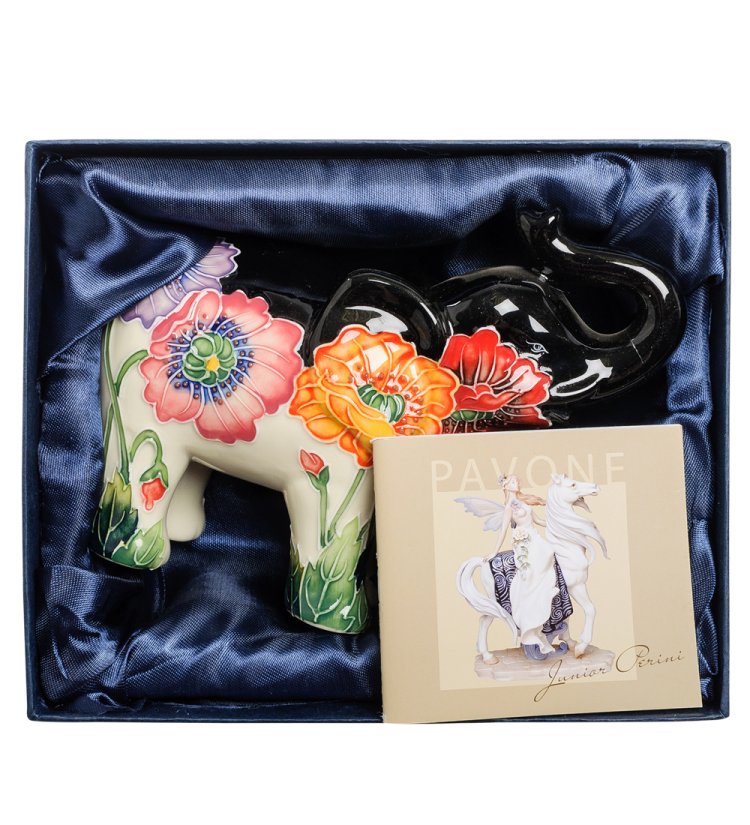 Статуэтка из фарфора Черно-Белый Слоник с цветах Pavone JP-156/ 3, фотография в упаковке